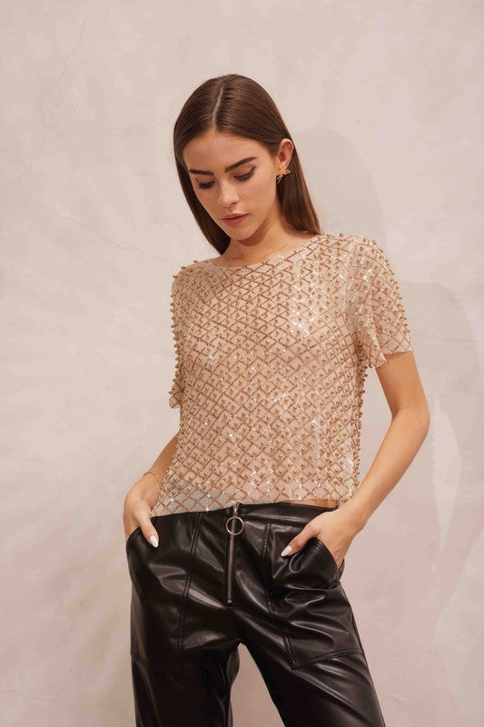 Gold Sequin Mesh Short Sleeve Top