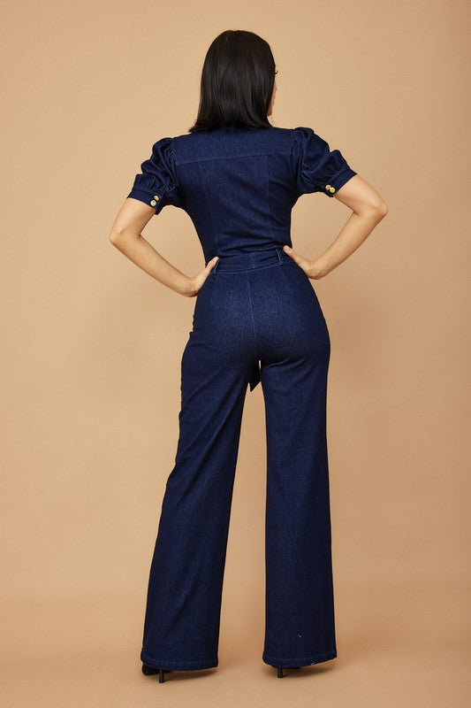 Navy Puff Sleeve Jumpsuit