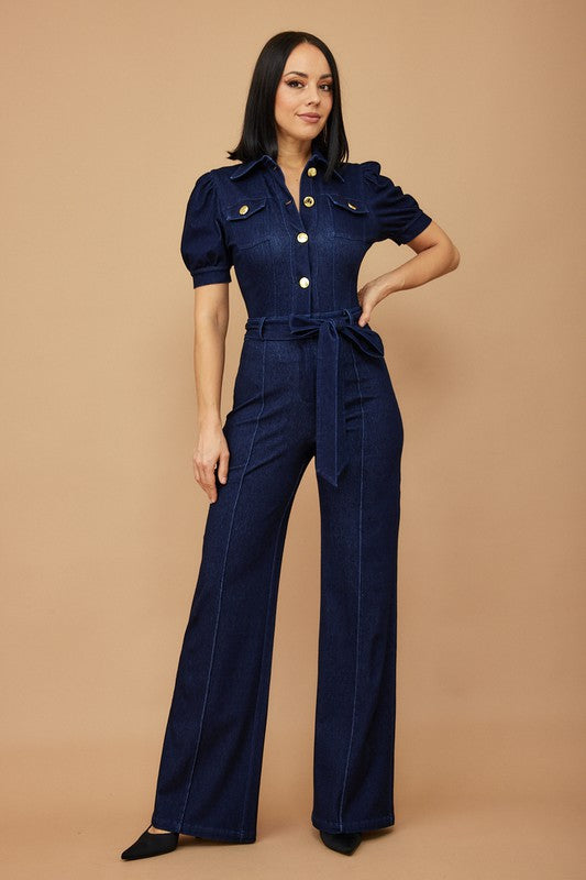 Puff Sleeve Tie Waist Medium Wash Denim Jumpsuit