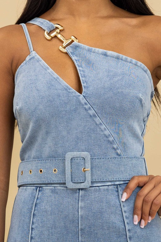 One Shoulder Denim Jumpsuit