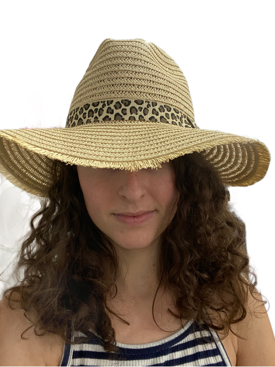 Straw Fringe Leopard Print Hat