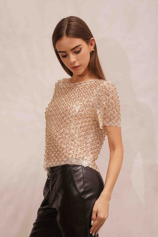 Gold Sequin Mesh Short Sleeve Top