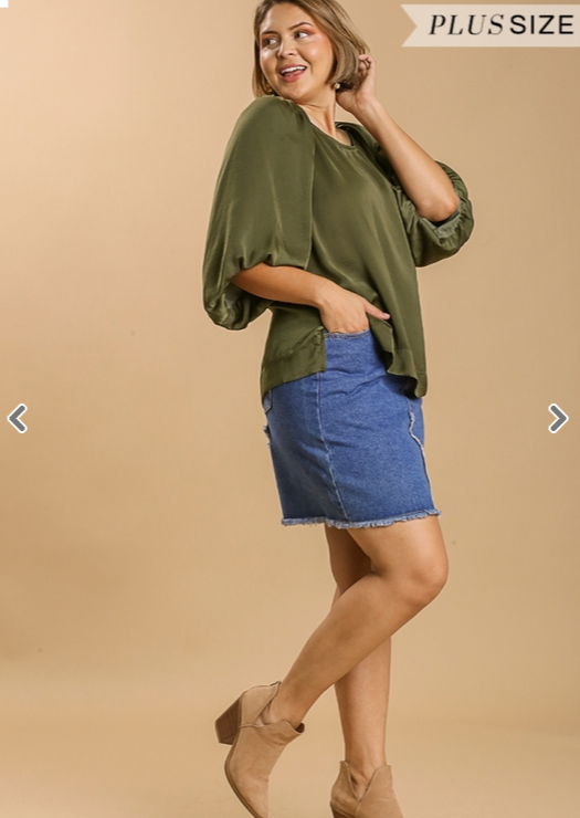 Olive Washed Satin Baloon Sleeve Top (XL-2XL)