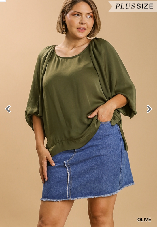 Olive Washed Satin Baloon Sleeve Top (XL-2XL)