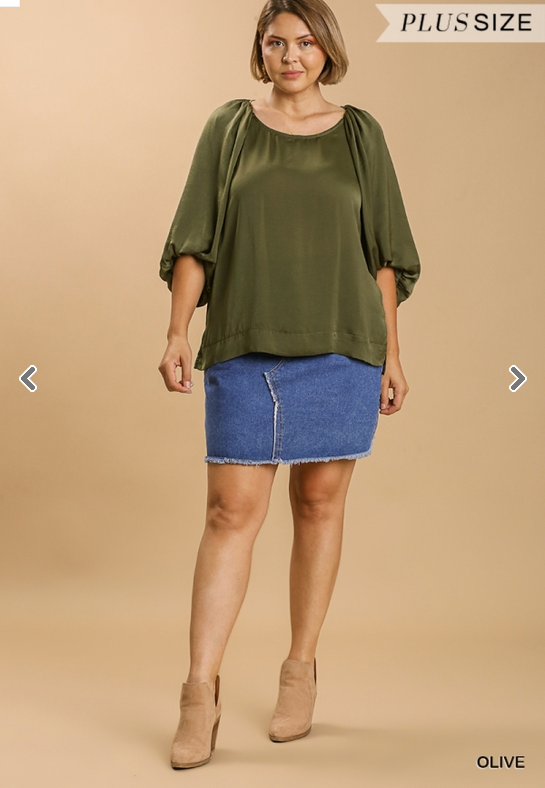 Olive Washed Satin Baloon Sleeve Top (XL-2XL)