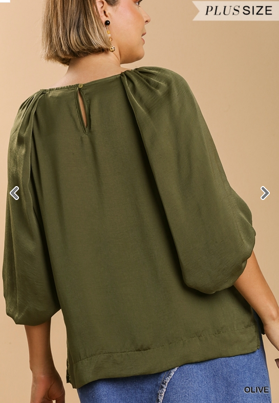 Olive Washed Satin Baloon Sleeve Top (XL-2XL)