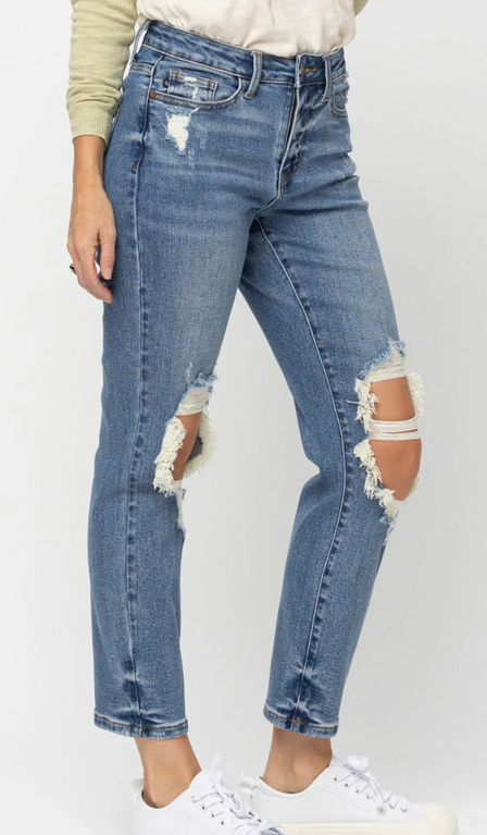 Blue High Waist Destroyed Boyfriend Fit