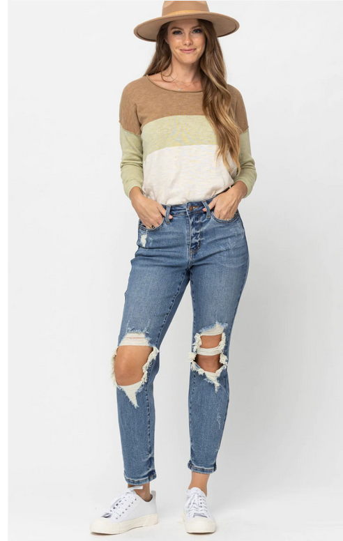 Blue High Waist Destroyed Boyfriend Fit