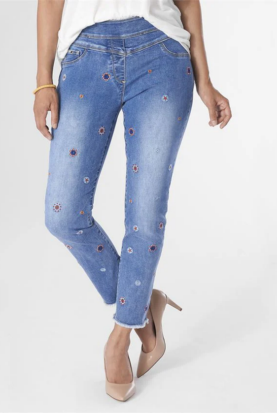 OMG Straight Leg JeanEmbroidered Capri- Medium Denim