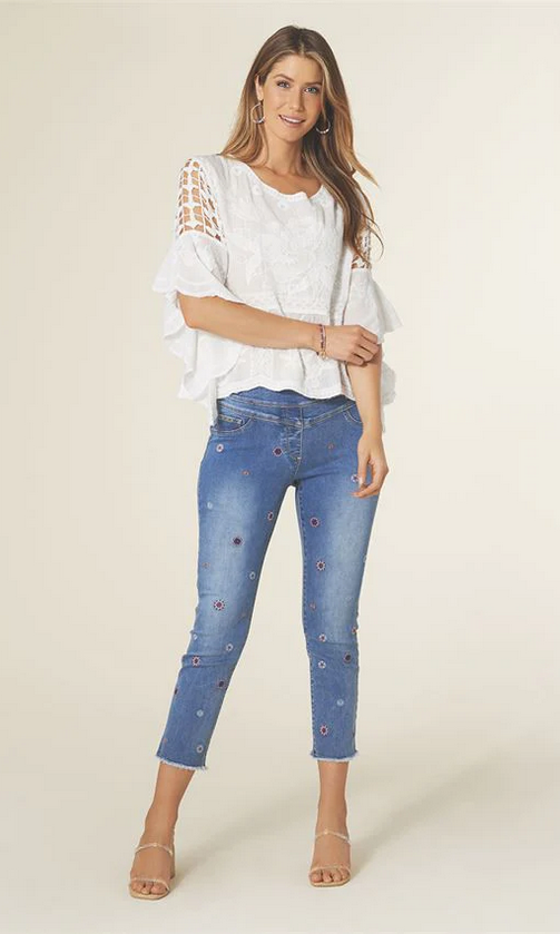 OMG Straight Leg JeanEmbroidered Capri- Medium Denim