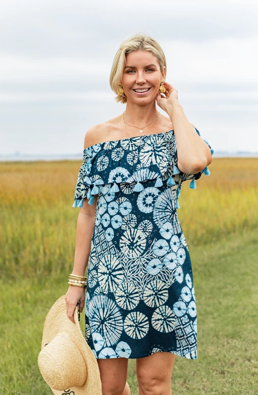 Navy Monica Sea Urchin Off the Shoulder Dress