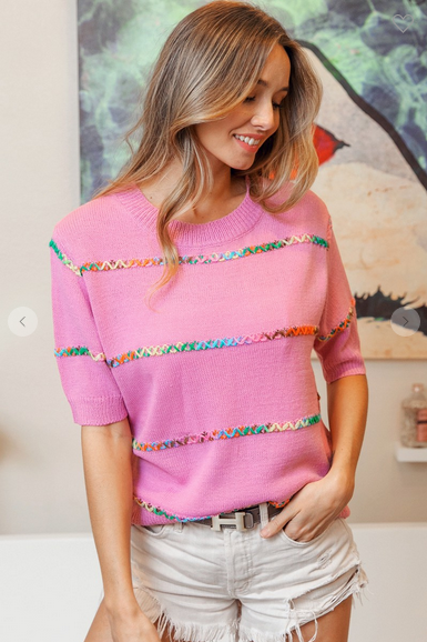 Rainbow Stitch Detail Short Sleeve Sweater Top