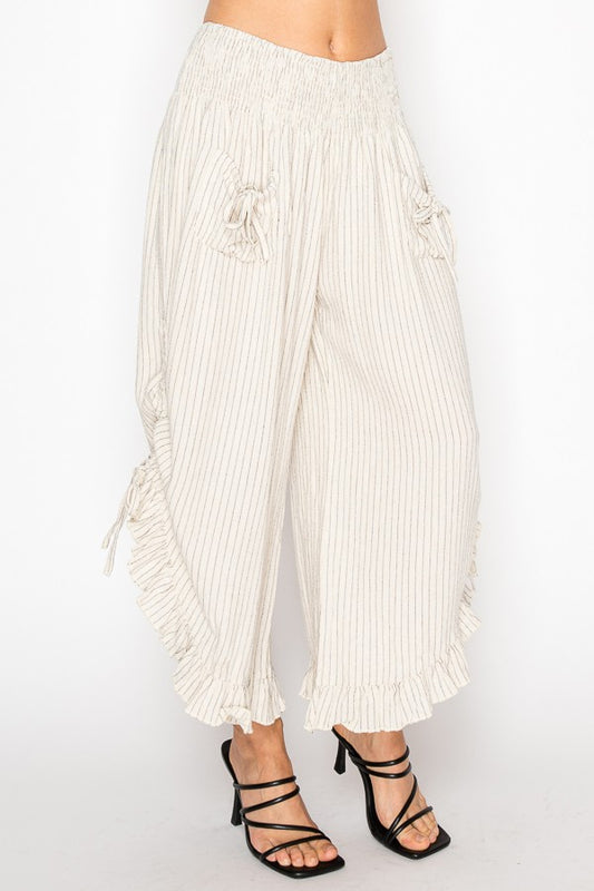 Beige Pinstripe Elastic Waist Bloomer Pants With Pockets