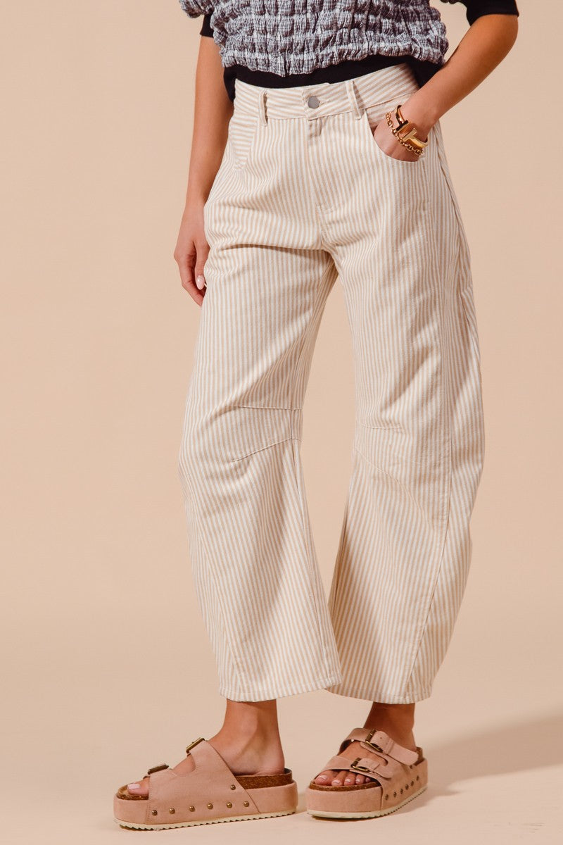 Mid Rise Barrel Pin Stripe Pants