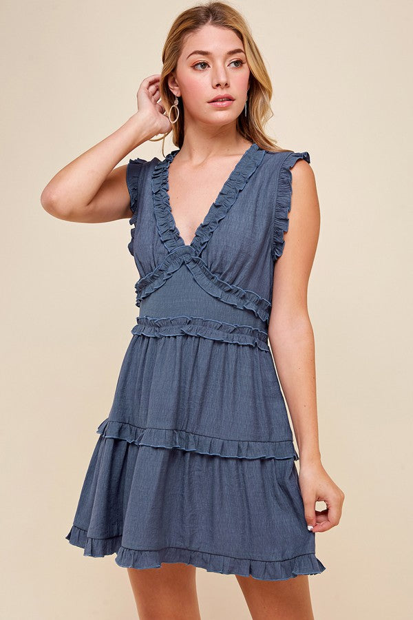 Sleeveless V Neck Ruffle Detail Dress (Assorted Colors)