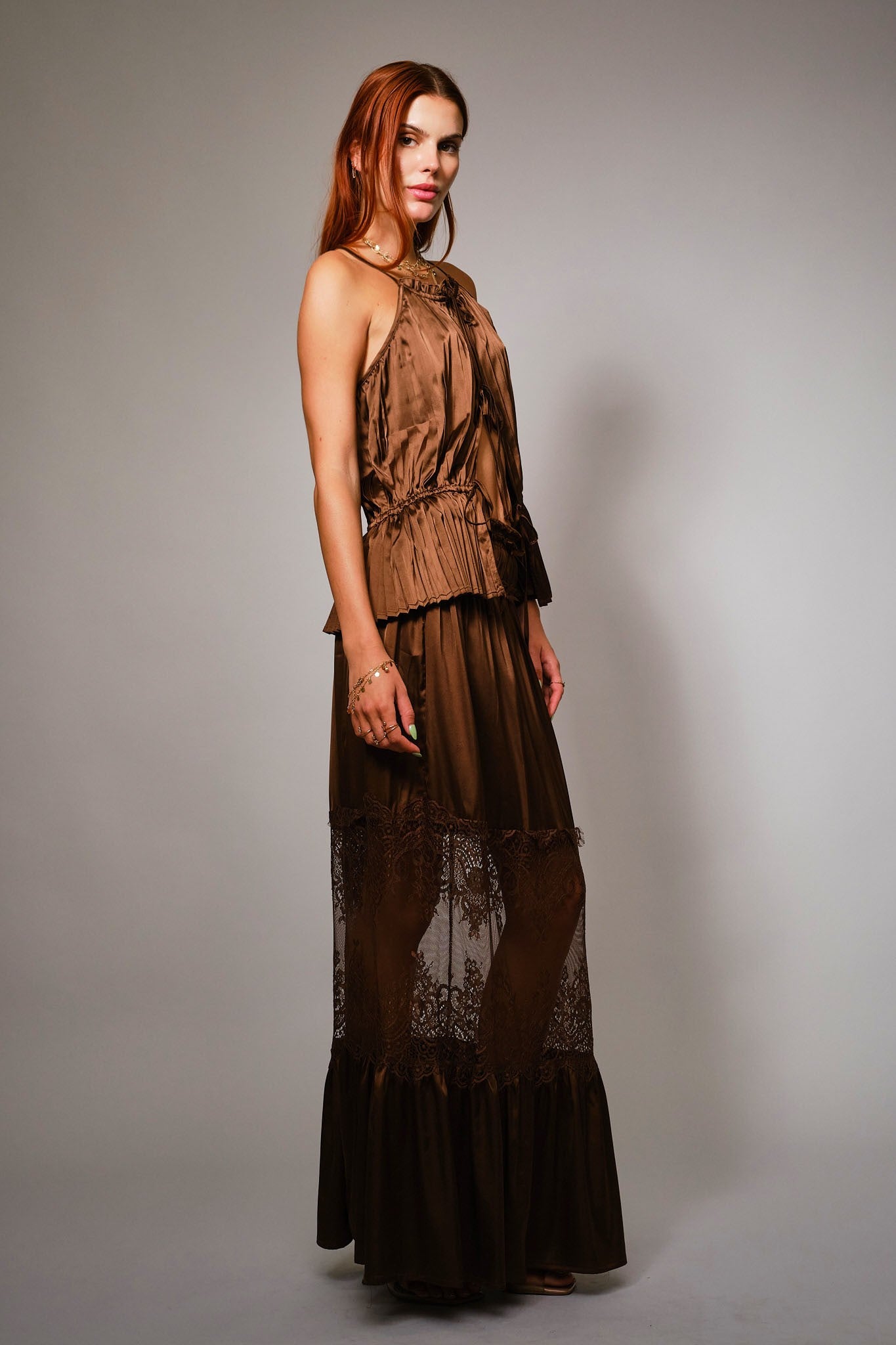 Espresso Pleated Satin Tie Front Top