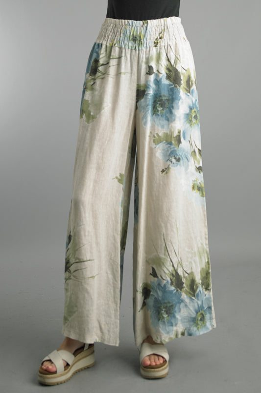 Beige Smocked Print Pants