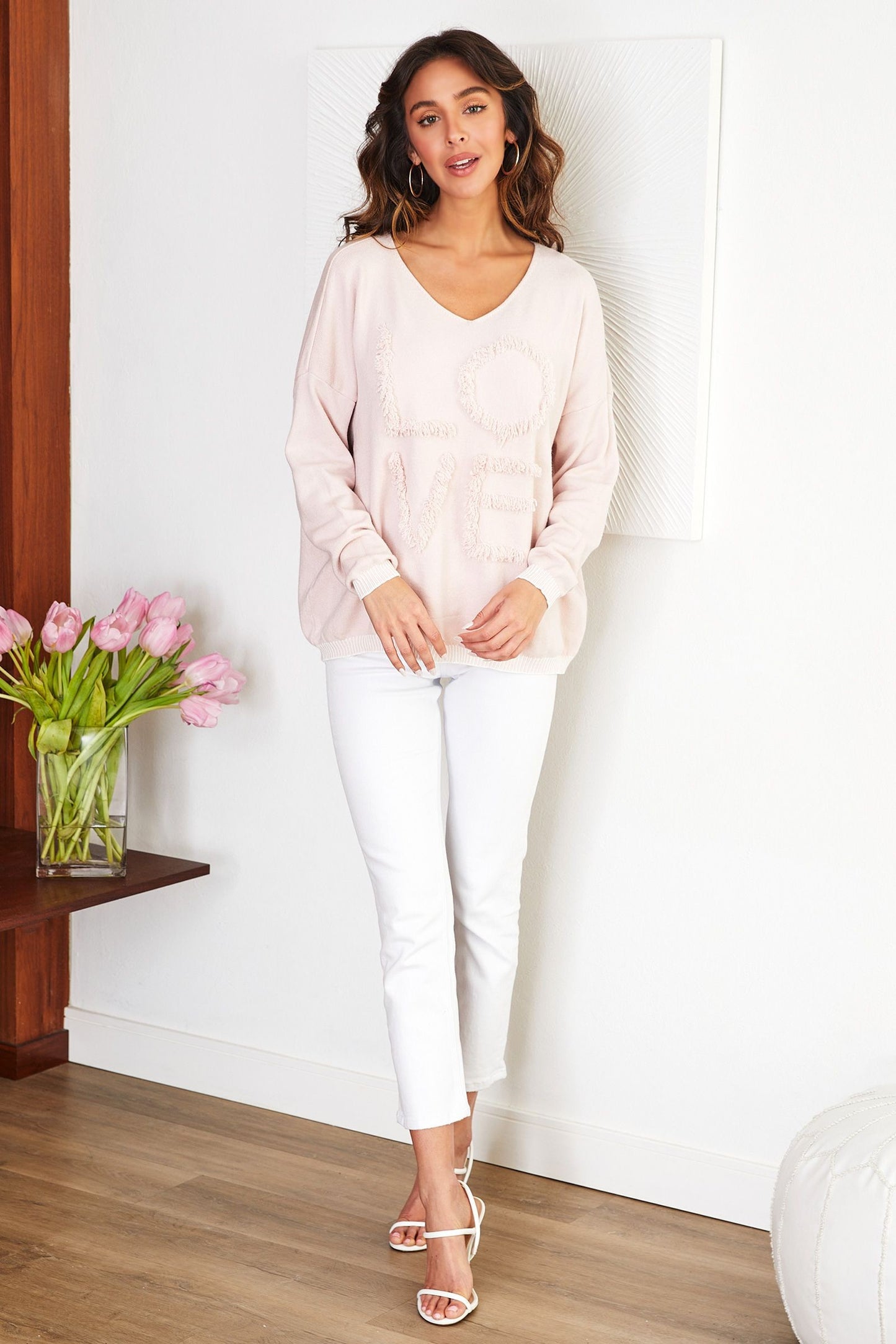 Blush V-Neck Long Sleeve Fringe Fuzzy Love Sweater
