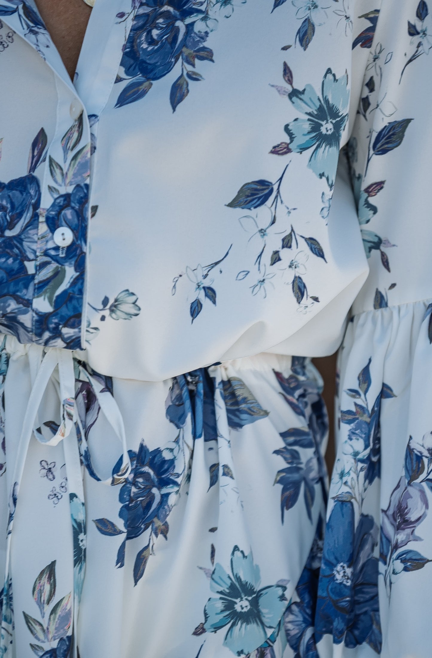 Blue Flower Floral Adjustable Balloon Sleeve Dress