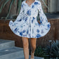 Blue Flower Floral Adjustable Balloon Sleeve Dress