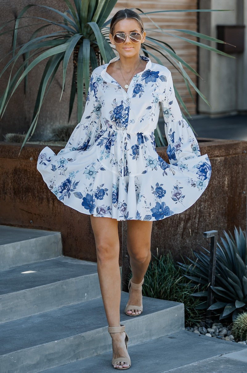 Blue Flower Floral Adjustable Balloon Sleeve Dress