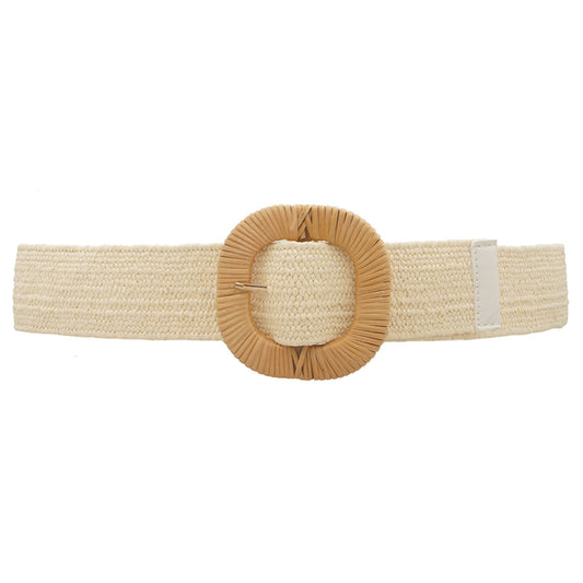 Rounded Square Rattan Buckle Elastic Straw Belt (Assorted Colors)