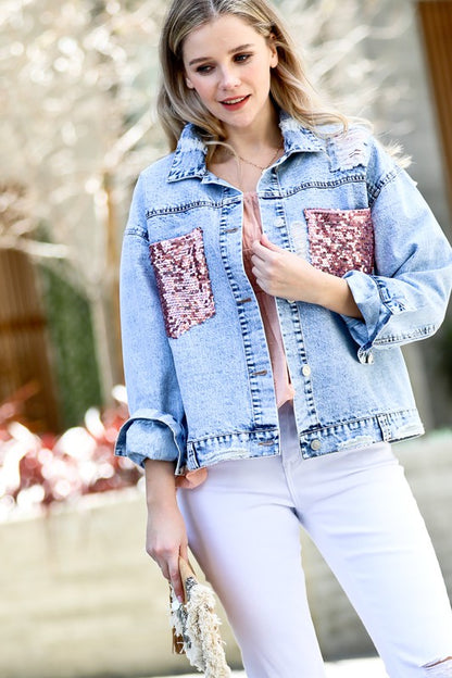 Pink Sequin Pocket Distressed Button-Down Denim Jacket