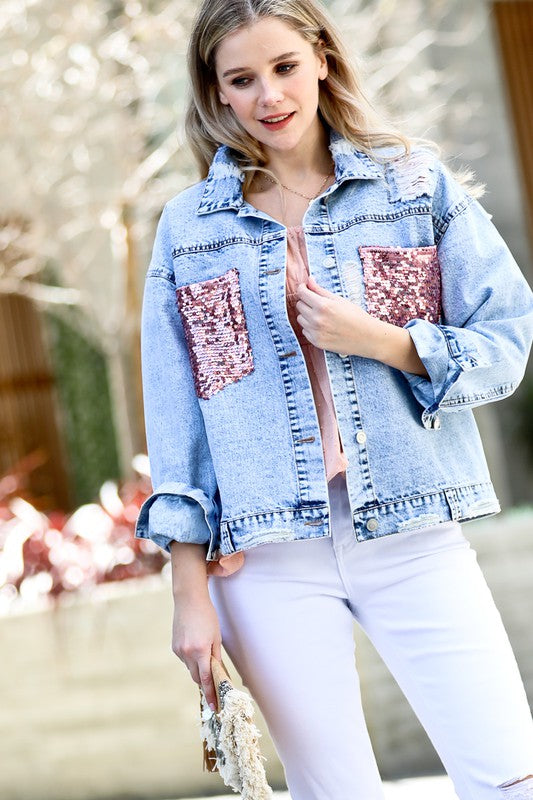 Pink Sequin Pocket Distressed Button-Down Denim Jacket