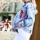 Pink Sequin Pocket Distressed Button-Down Denim Jacket