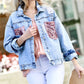 Pink Sequin Pocket Distressed Button-Down Denim Jacket