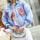 Pink Sequin Pocket Distressed Button-Down Denim Jacket