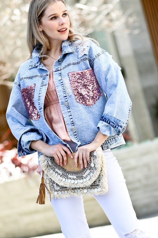 Pink Sequin Pocket Distressed Button-Down Denim Jacket