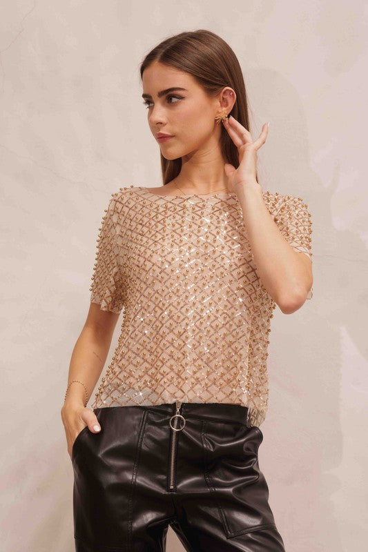 Gold Sequin Mesh Short Sleeve Top