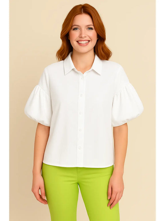 Tencel Puff Sleeve Button Front Top (Assorted Colors)