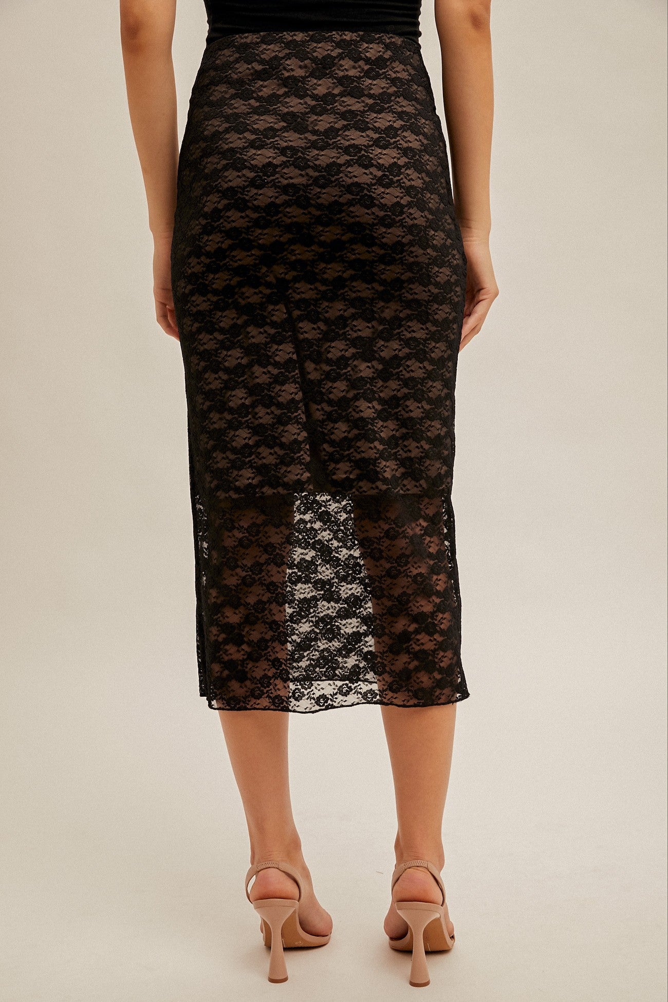 Black Stretchy Floral Lace Midi Skirt With Lining