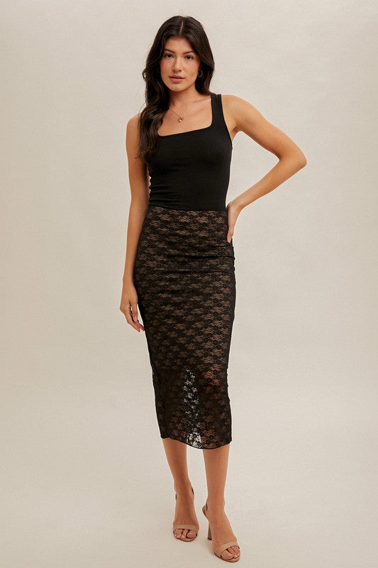 Stretchy Floral Lace Midi Skirt With Lining