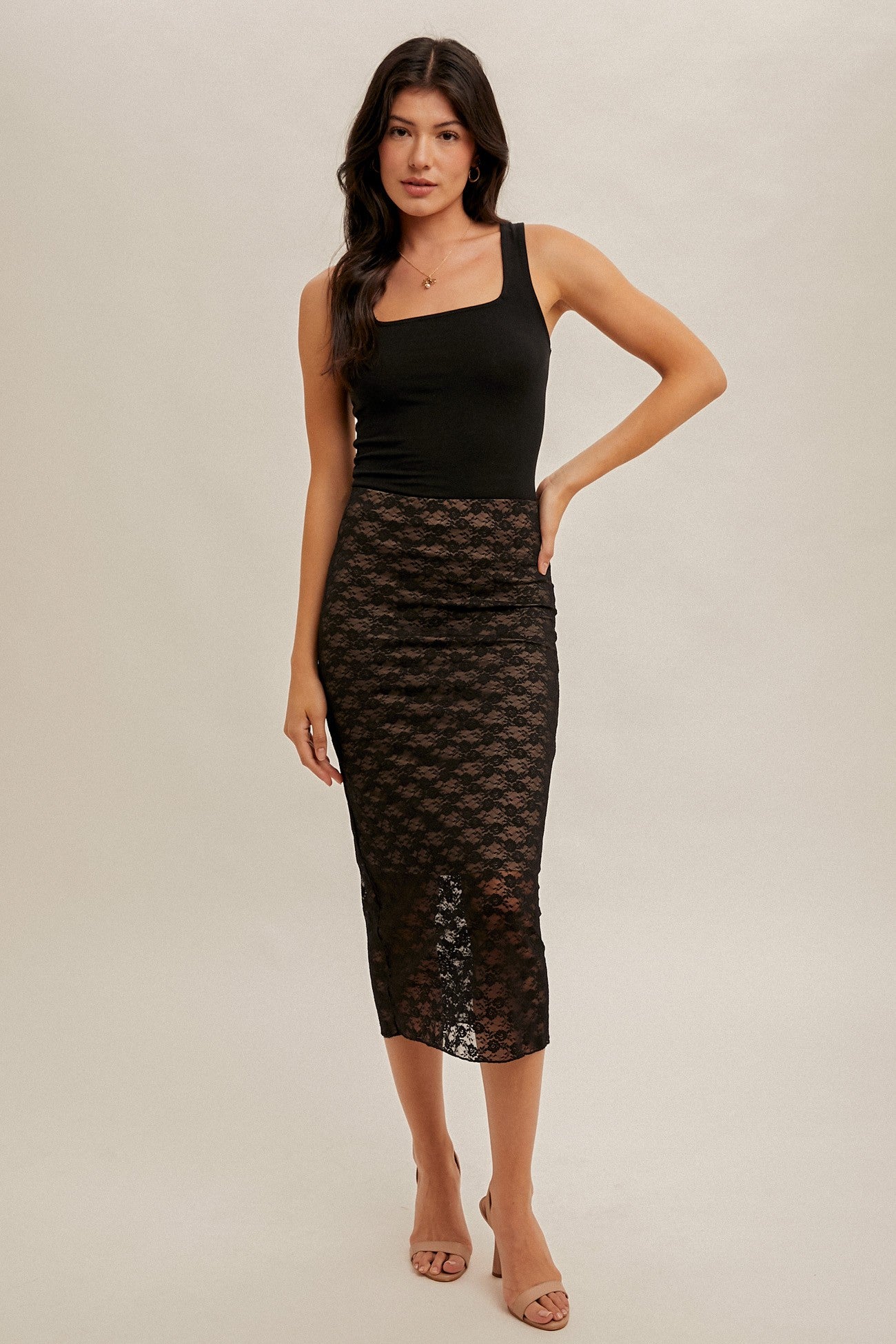 Black Stretchy Floral Lace Midi Skirt With Lining