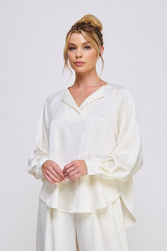 Cream Embellished Crinkle Satin Blouse