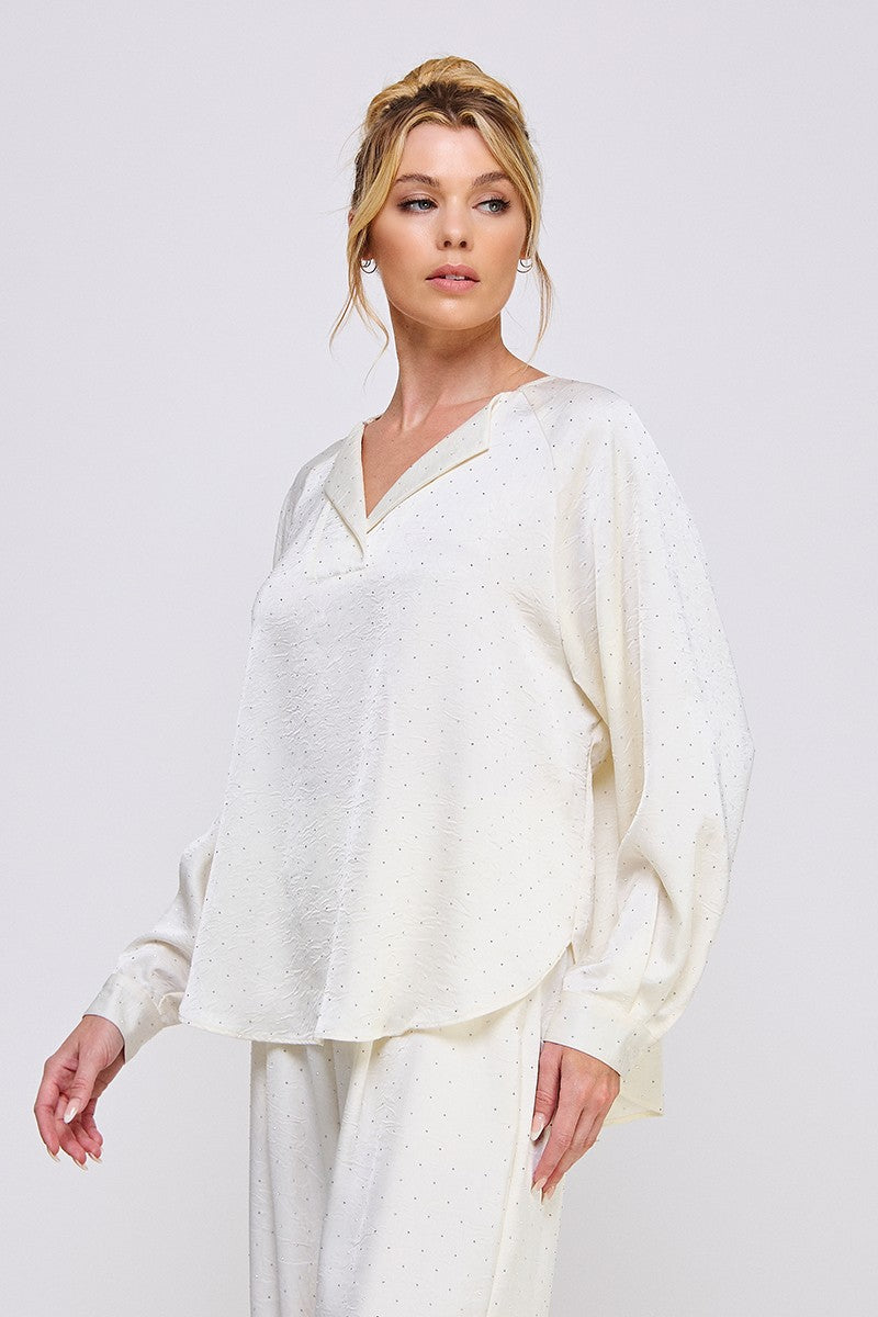 Cream Embellished Crinkle Satin Blouse