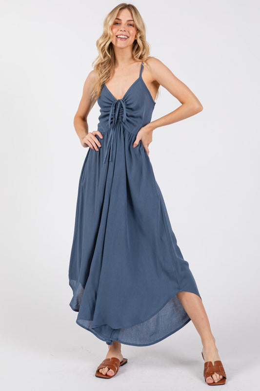 Indigo Woven Solid Front Ruched Midi Jumpsuit