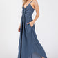 Indigo Woven Solid Front Ruched Midi Jumpsuit