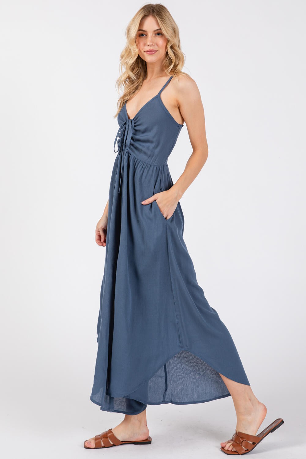 Indigo Woven Solid Front Ruched Midi Jumpsuit