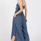 Indigo Woven Solid Front Ruched Midi Jumpsuit