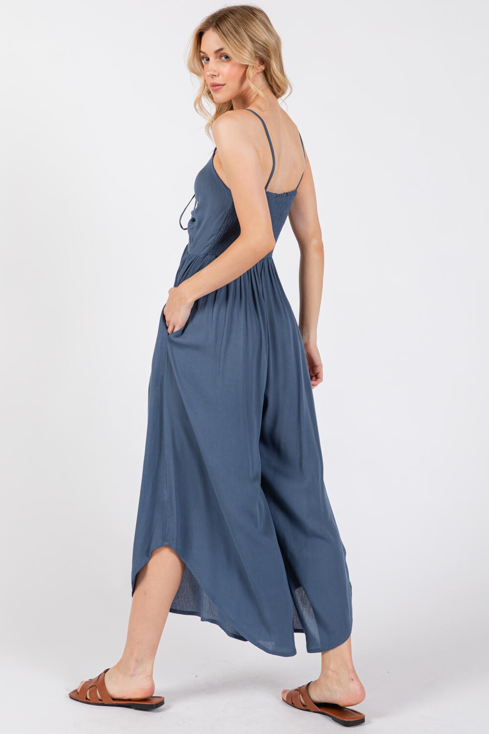 Indigo Woven Solid Front Ruched Midi Jumpsuit