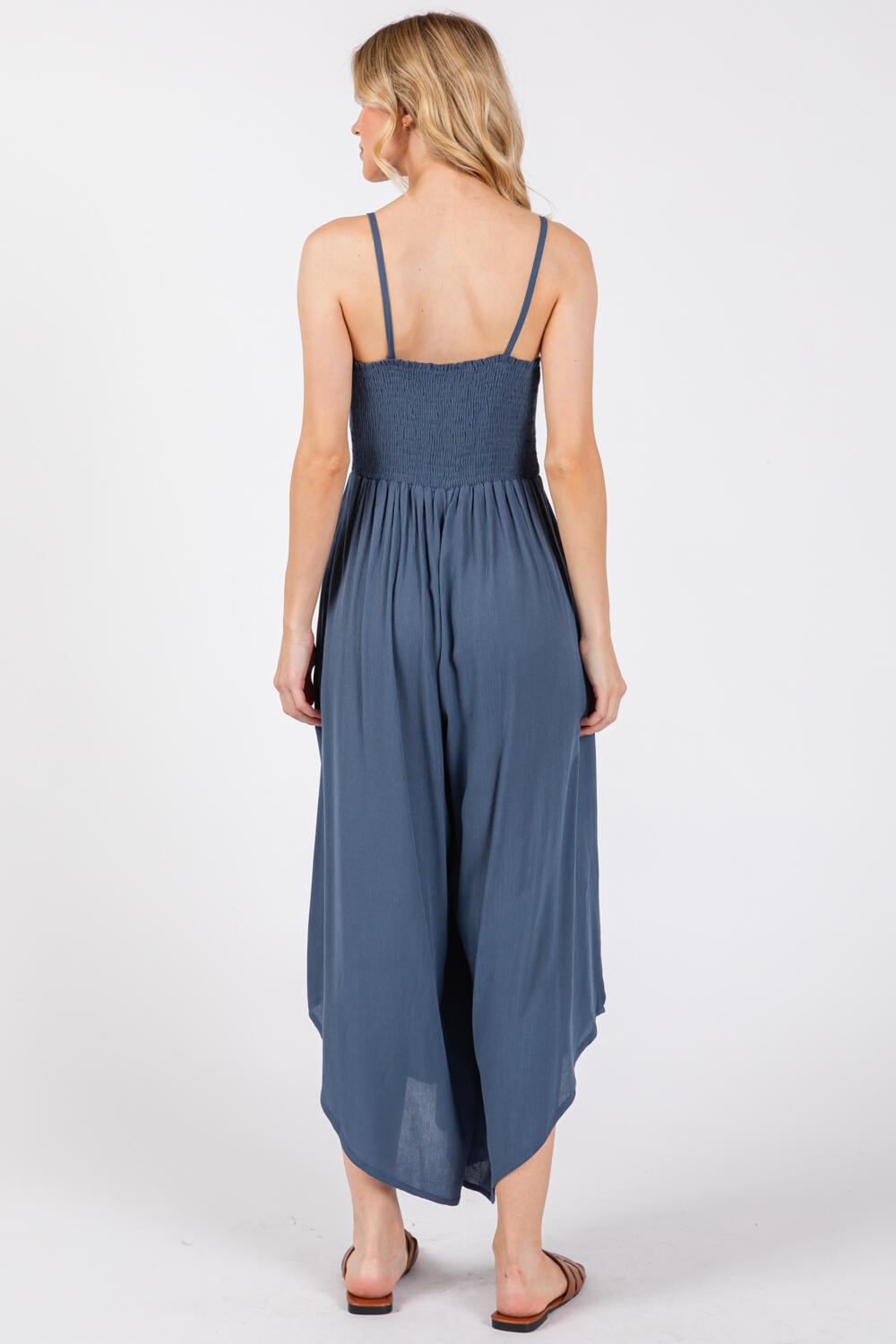 Indigo Woven Solid Front Ruched Midi Jumpsuit