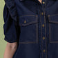 Dark Navy Ruffled Gathered Sleeve Linen Button Up Shirt Top