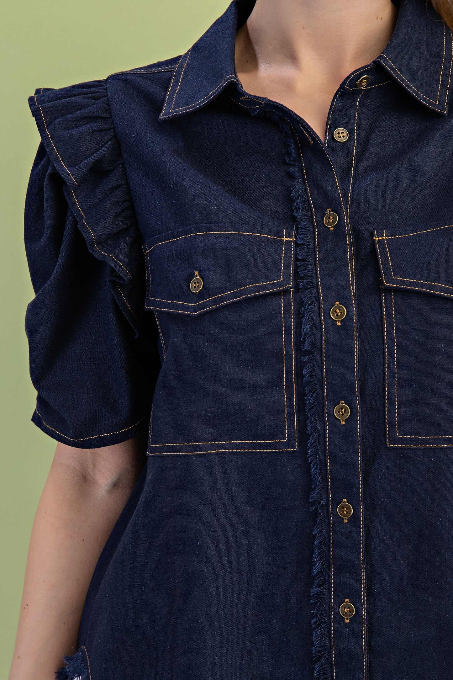 Dark Navy Ruffled Gathered Sleeve Linen Button Up Shirt Top