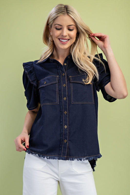 Dark Navy Ruffled Gathered Sleeve Linen Button Up Shirt Top