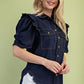 Dark Navy Ruffled Gathered Sleeve Linen Button Up Shirt Top