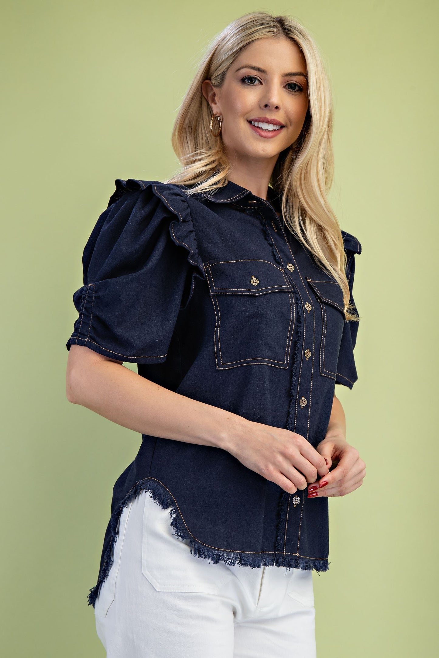 Dark Navy Ruffled Gathered Sleeve Linen Button Up Shirt Top
